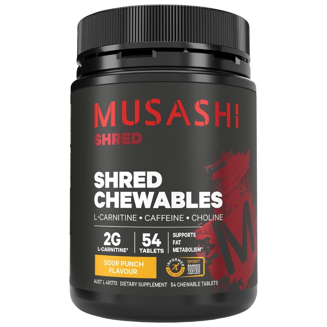 Black supplement container labeled 'Musashi Shred Chewables' on a white background