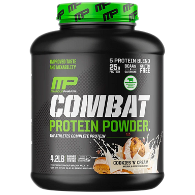 Container of MusclePharm Combat Protein Powder on a white background