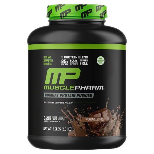 Black container of MusclePharm Combat Protein Powder with green accents on a white background