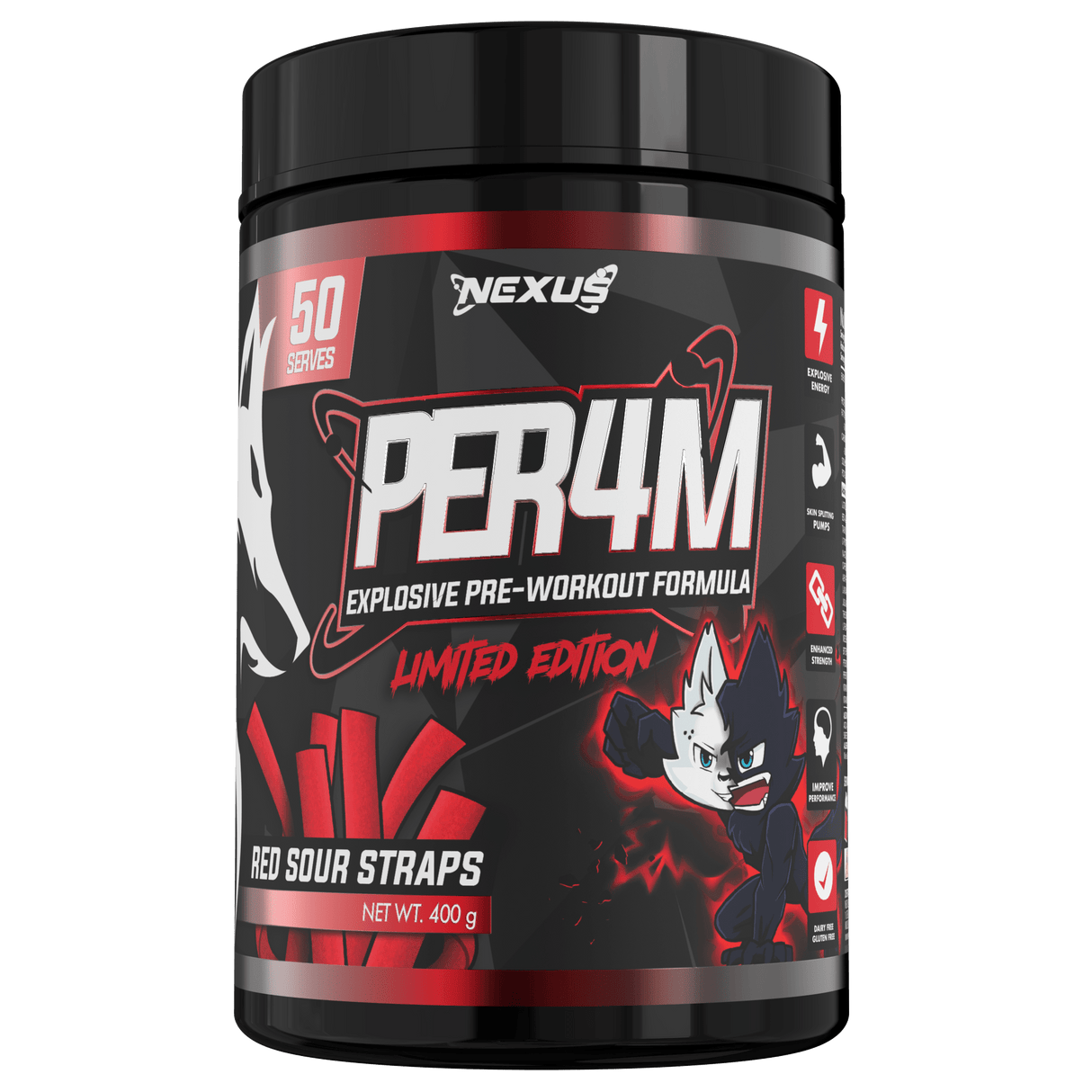 Nexus Sports Nutrition Per4m Pre Workout Red Sour Straps