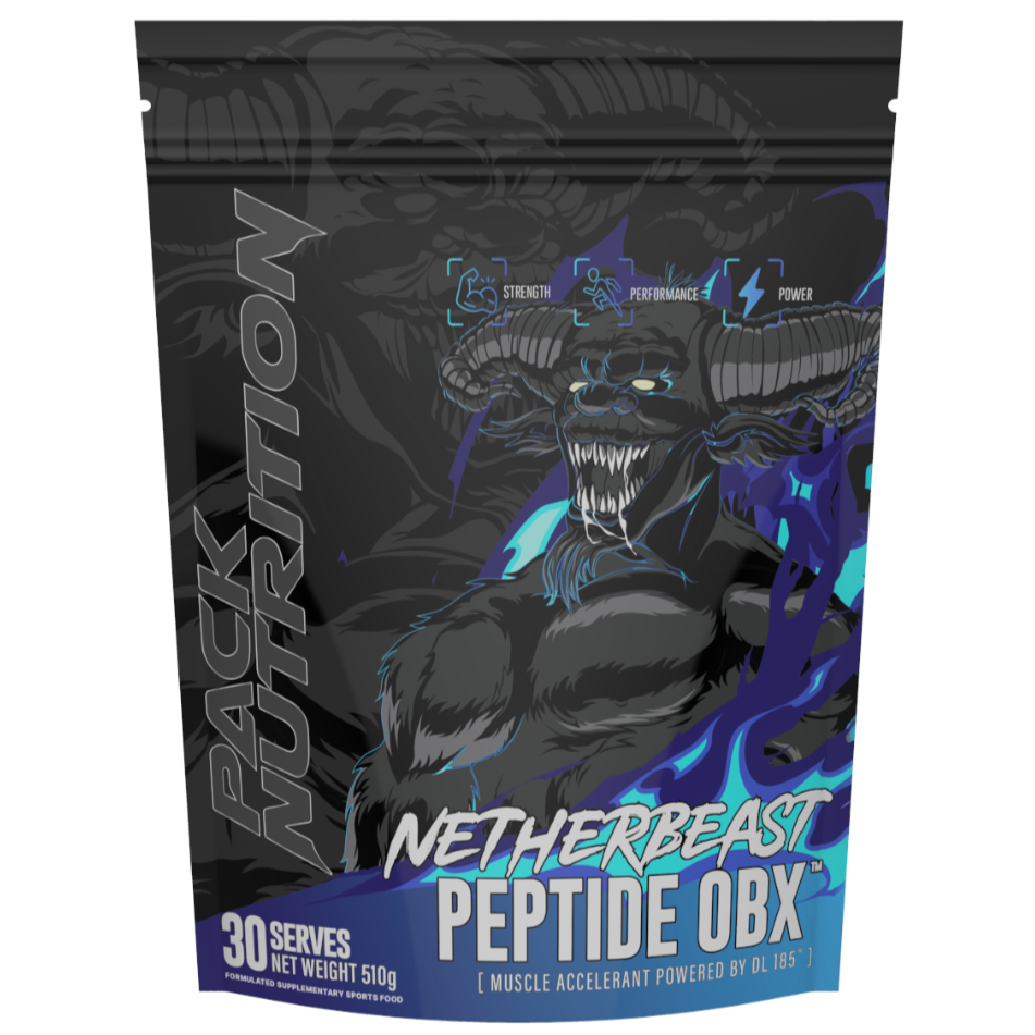 Black and blue packaging of Netherbeast Peptide OBX with a panther design on a white background