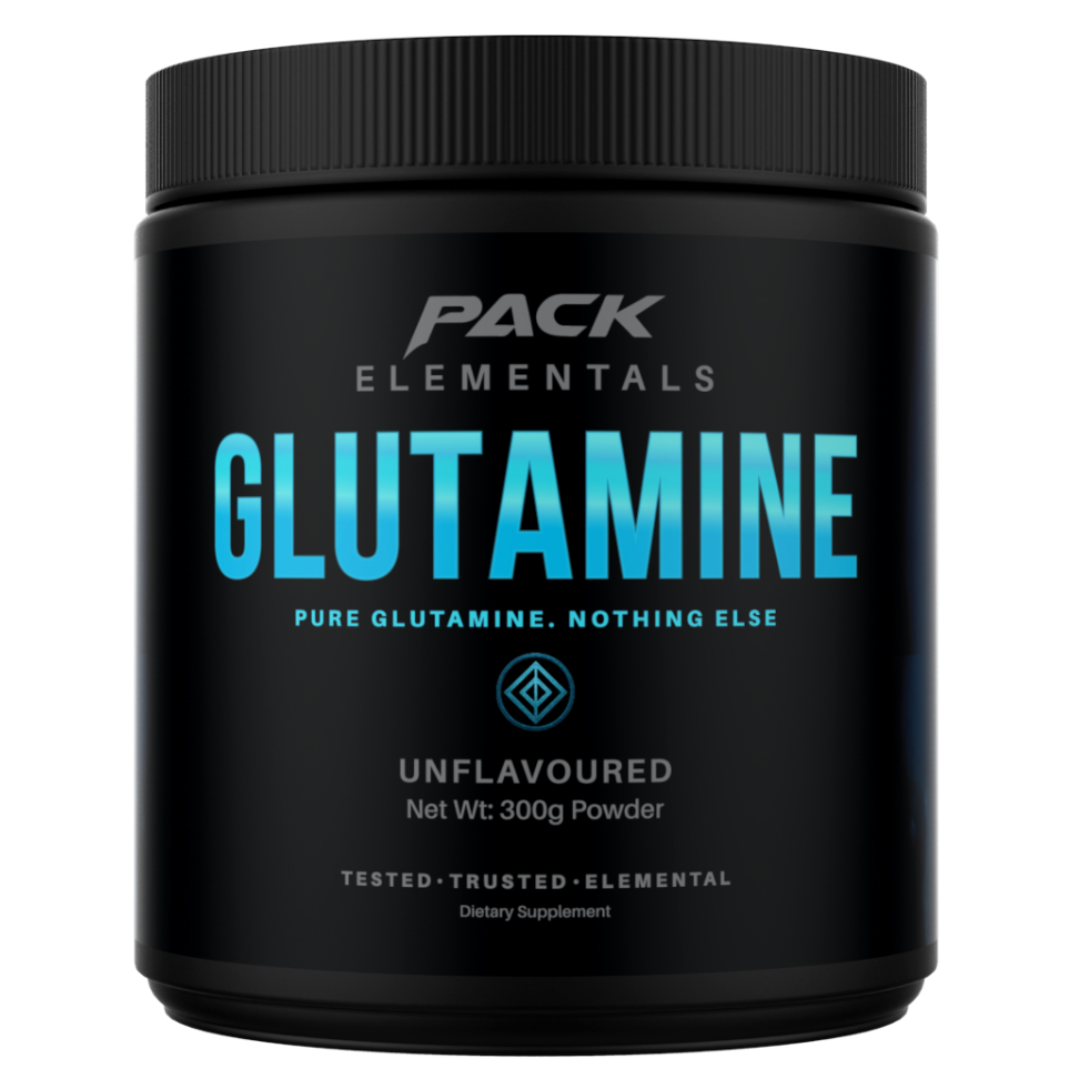 Black container of Pack Elementals Glutamine powder on a white background