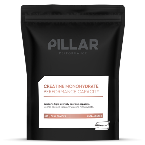 A black package of Pillar Performance Creatine Monohydrate Performance Capacity. The package is labeled as unflavored and contains 500g of powder.