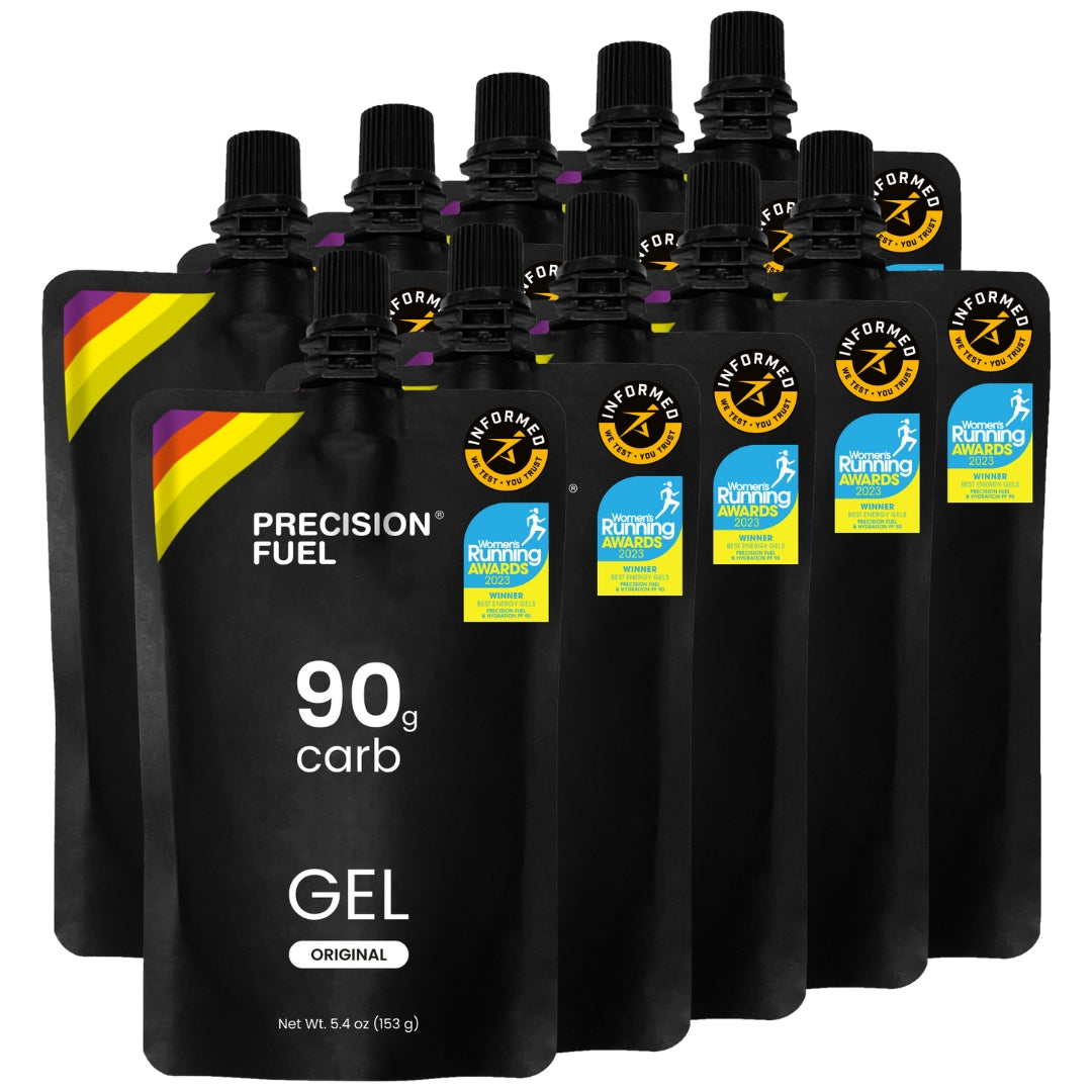 Multiple packages of Informed Sport Precision Fuel Gel on a white background