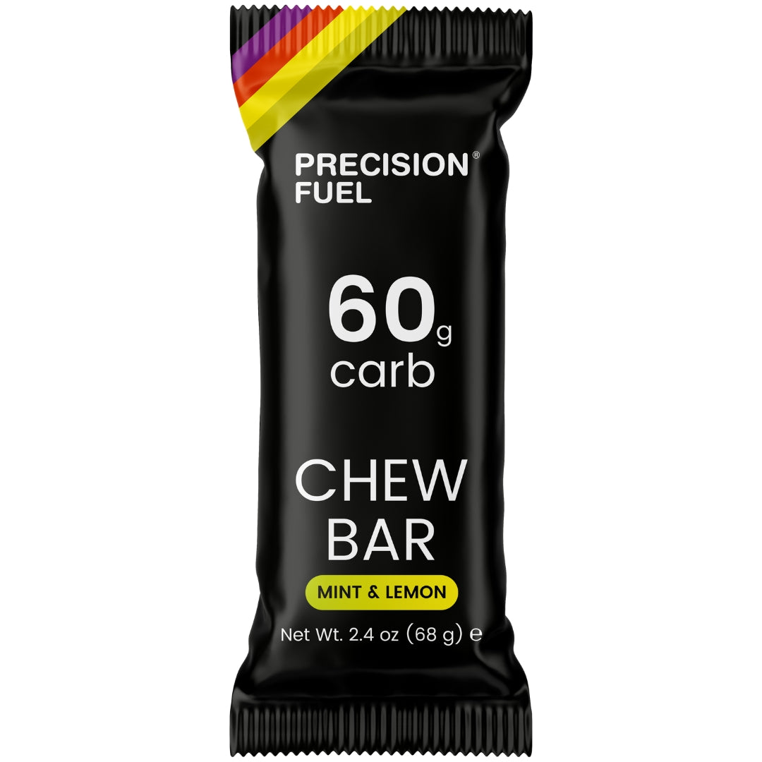 Black Precision Fuel chew bar packaging with colorful top corner on a white background