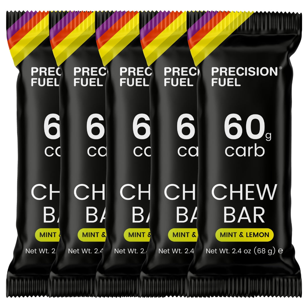 Pack of Precision Fuel Chew Bars with black packaging and colorful top.