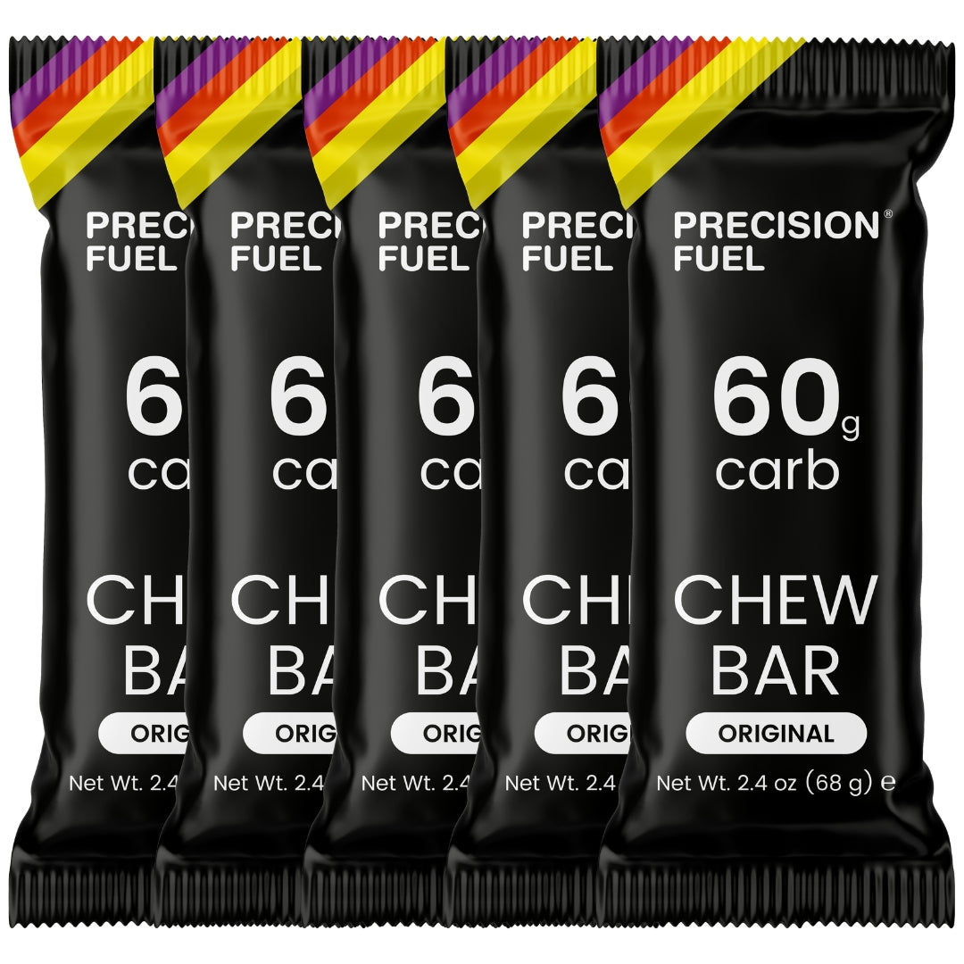 Pack of Precision Fuel Chew Bars with black packaging and colorful top.