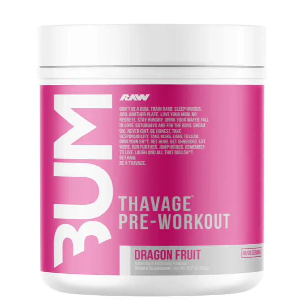 Pre-workout supplement container with pink label on a white background