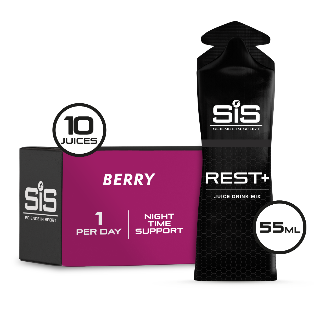 Science in Sport juice drink mix packaging with black bottle and pink box on a white background