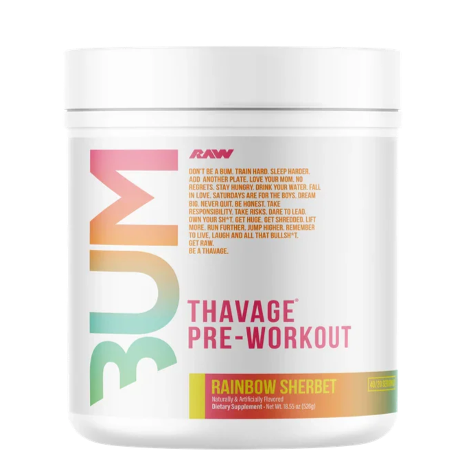 Pre-workout supplement container labeled 'BUM Thavage Pre-Workout Rainbow Sherbet' on a white background