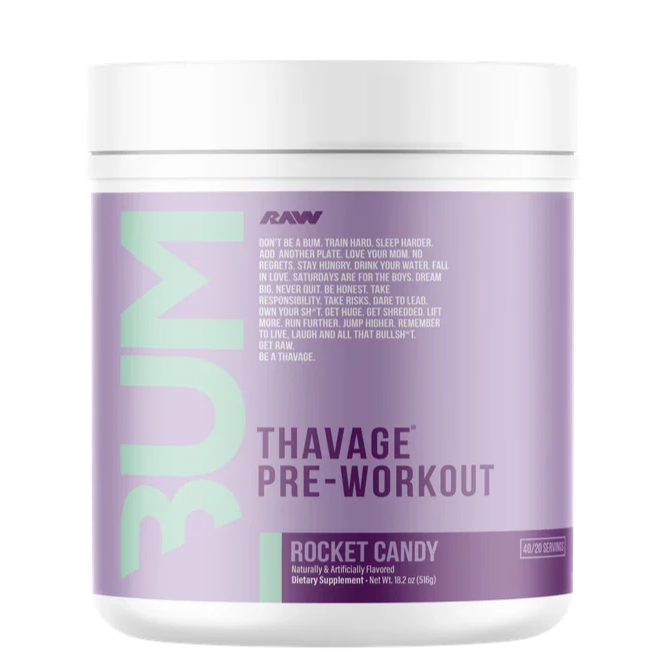 Pre-workout supplement container with purple label on a white background