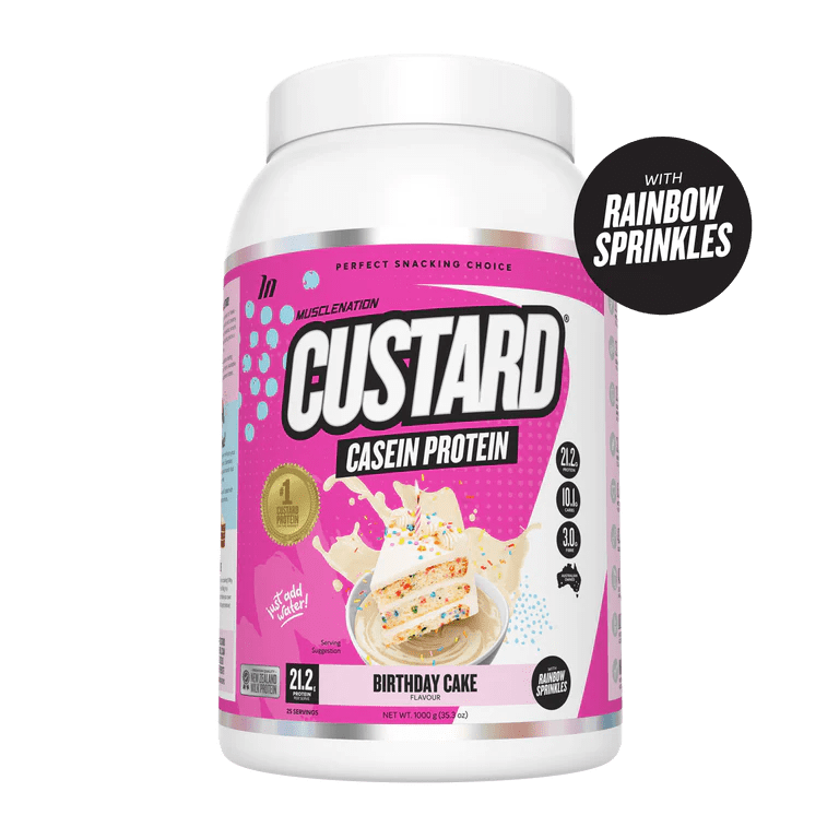 Muscle Nation Custard Casein Protein 1kg Birthday Cake