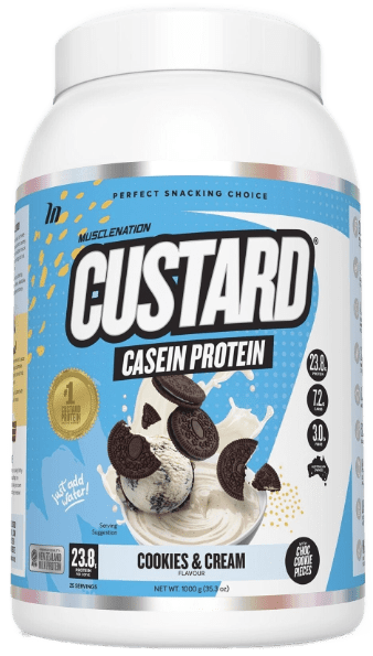 Muscle Nation Custard Casein Protein 1kg Cookies & Cream w/ real biscuit pieces