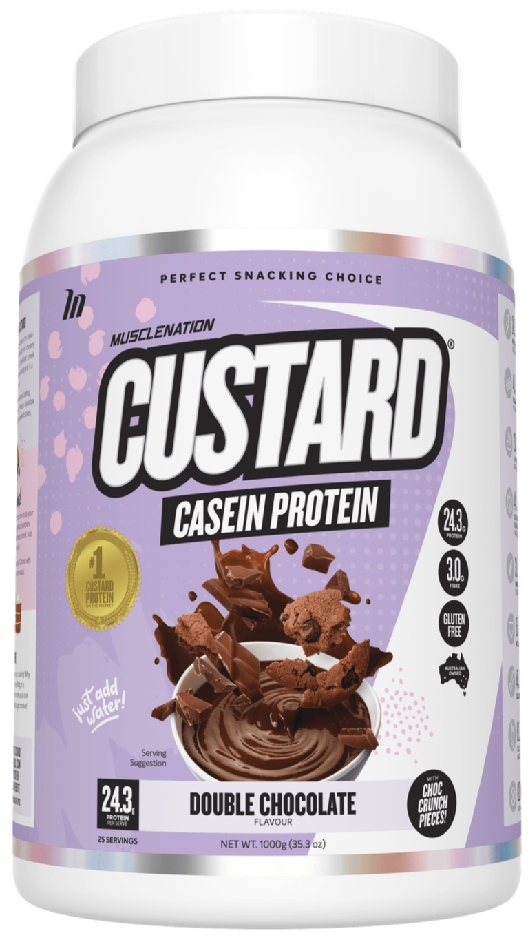 Muscle Nation Custard Casein Protein 1kg Double Chocolate w/ choc crunch pieces