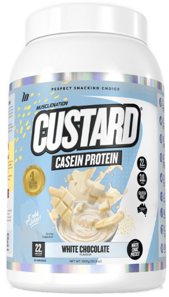 Muscle Nation Custard Casein Protein 1kg White Chocolate w/ real white choc pieces