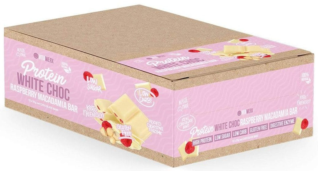 Vitawerx White Choc Bar 35g 12 box Raspberry Macadamia