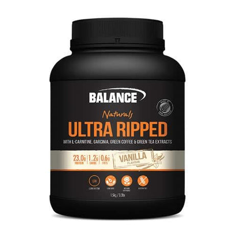 Black container with Balance Ultra Ripped Protein Powder