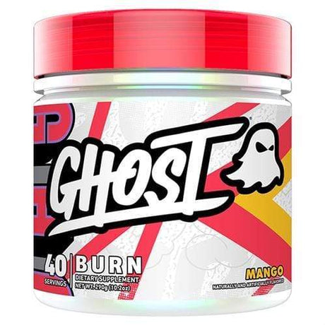 White GHOST labeled plastic jar with a red lid