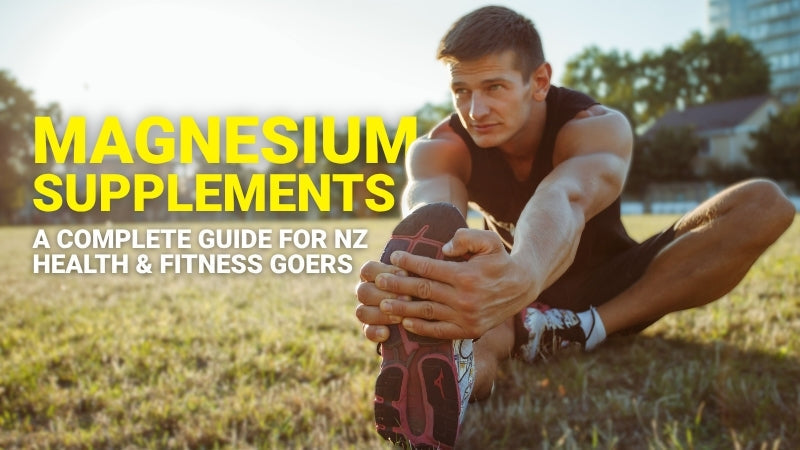 A man in sports gear stretching with text added saying 'magnesium supplements'