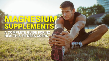 A man in sports gear stretching with text added saying 'magnesium supplements'