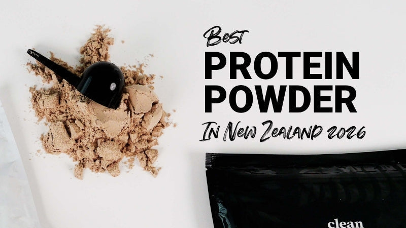 a protein scoop next to a pile of protein powder with the text "best protein powder in new zealand 2026" next to it