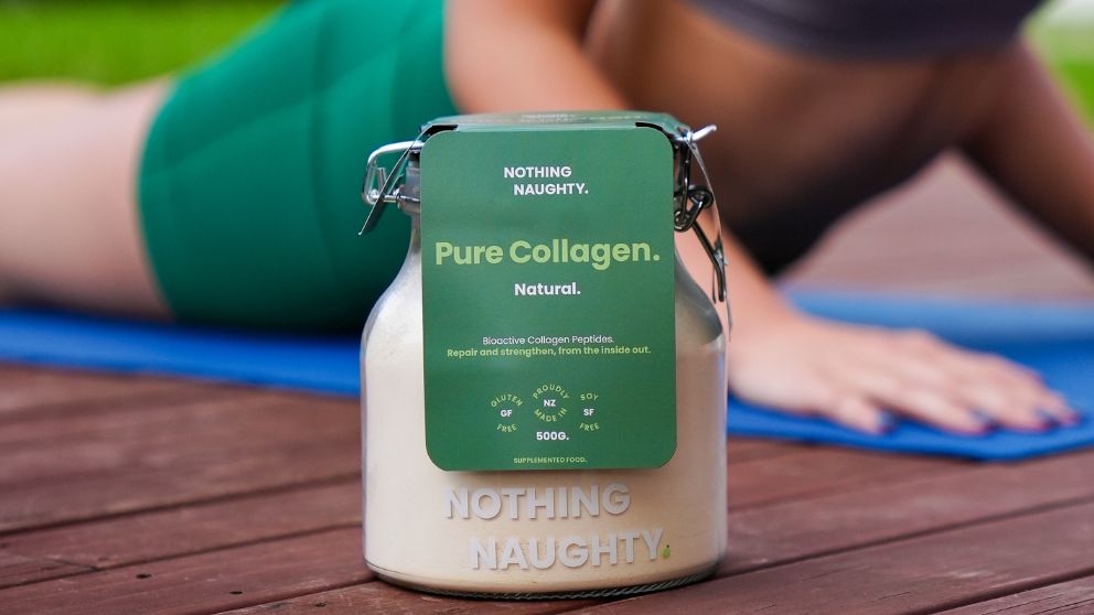 Nothing Naughty Collagen product girl doing yoga in background
