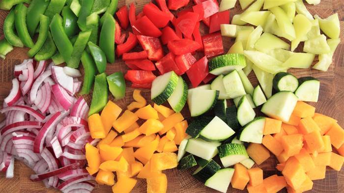 Chopped red & green capsicum, courgette, red onions and carrots