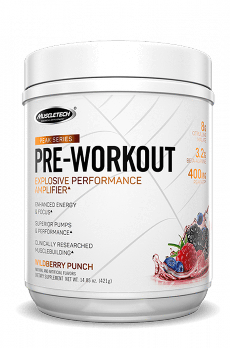A tub of Muscle Tech Pre Workout supplement