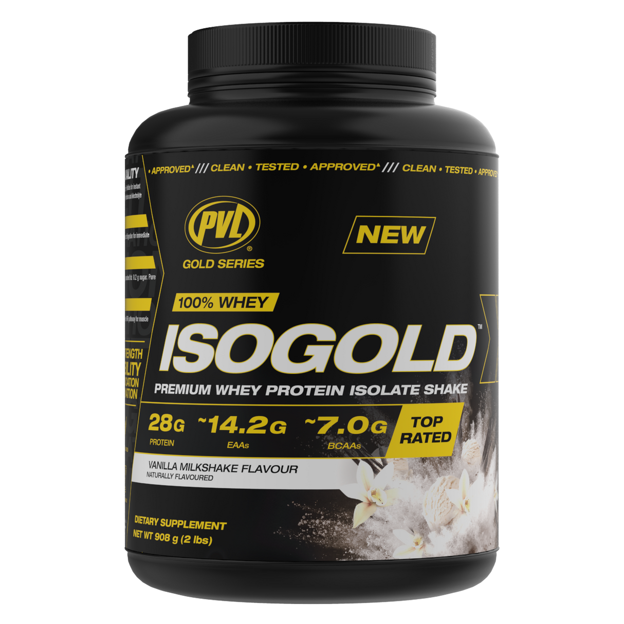 Black protein supplement container with yellow and white text on a white background