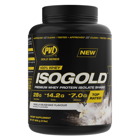 Black protein supplement container with yellow and white text on a white background