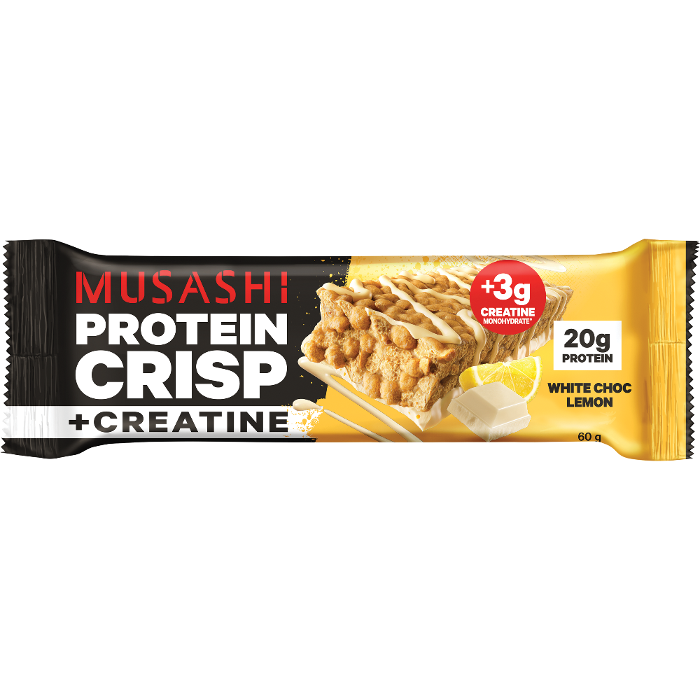 Musashi Protein Crisp + Creatine protein bar wrapper in White Choc Lemon flavor, featuring a golden-brown chocolate chip cookie with drizzle and lemon slices on a black and yellow background.
