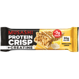 Musashi Protein Crisp + Creatine protein bar wrapper in White Choc Lemon flavor, featuring a golden-brown chocolate chip cookie with drizzle and lemon slices on a black and yellow background.