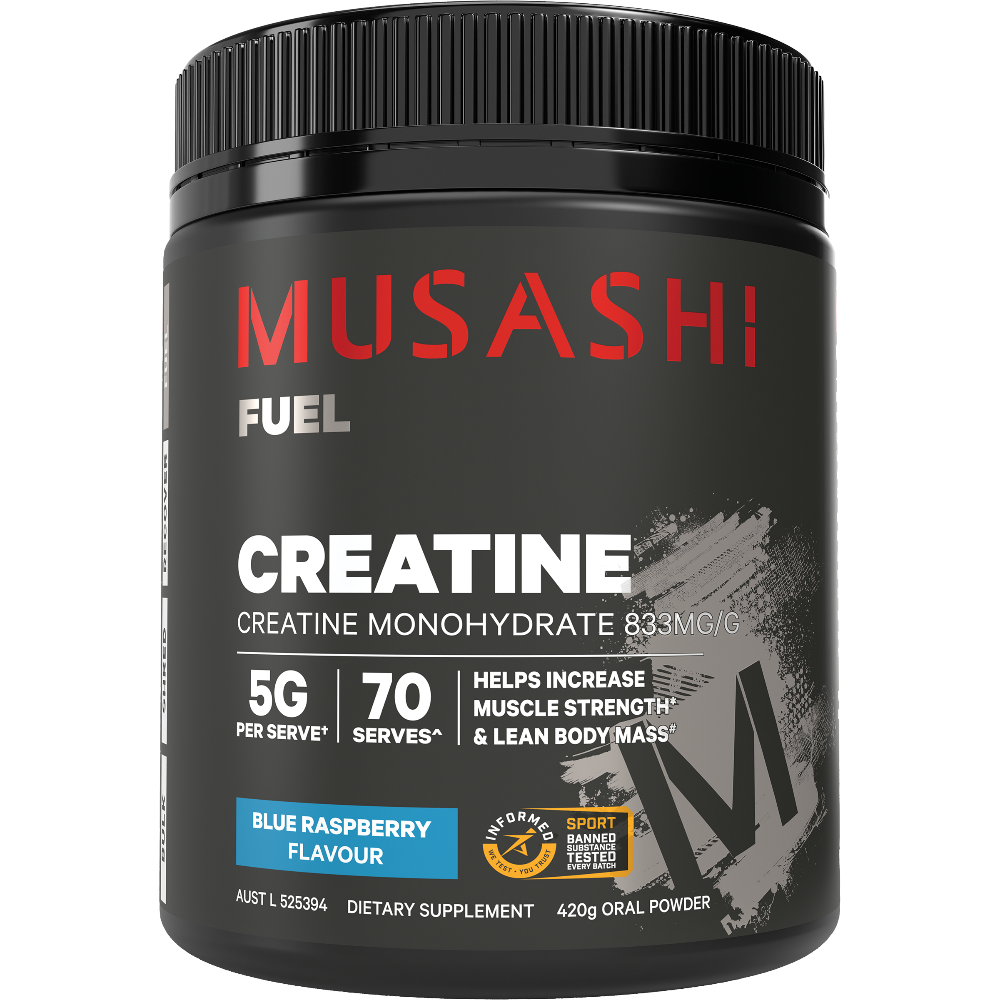 Musashi Fuel Creatine Monohydrate supplement container in Blue Raspberry Flavour, 420g. The product is shown in a black plastic jar with a black ribbed lid, featuring a black label with red, white, and blue text.