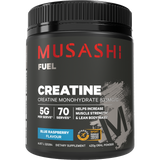 Musashi Fuel Creatine Monohydrate supplement container in Blue Raspberry Flavour, 420g. The product is shown in a black plastic jar with a black ribbed lid, featuring a black label with red, white, and blue text.