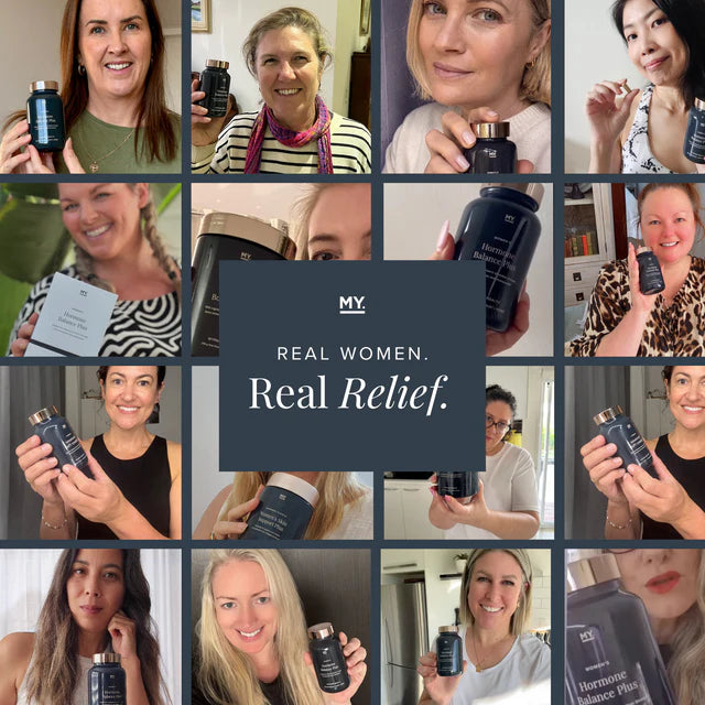 Collage of women holding a product with 'MY. Real Women. Real Relief.' text overlay.