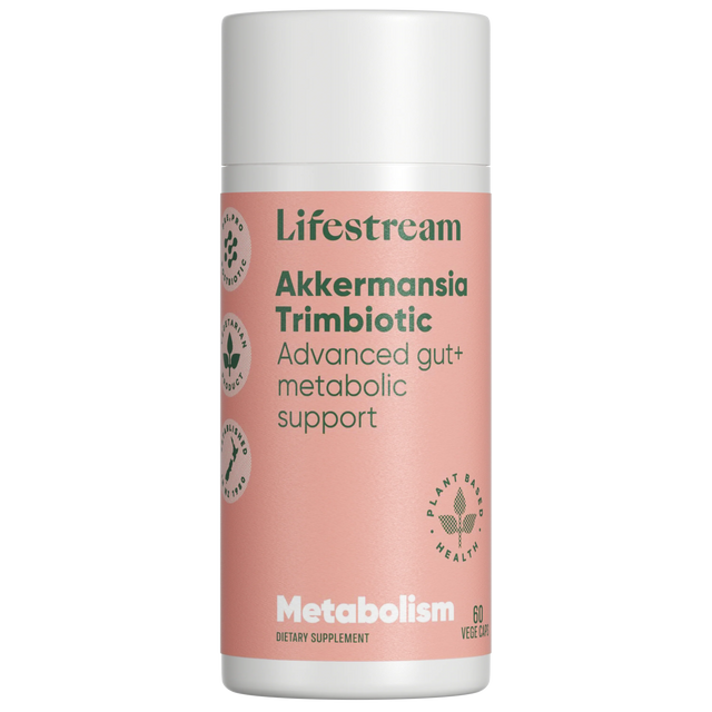 Lifestream Akkermansia Trimbiotic supplement container on a white background