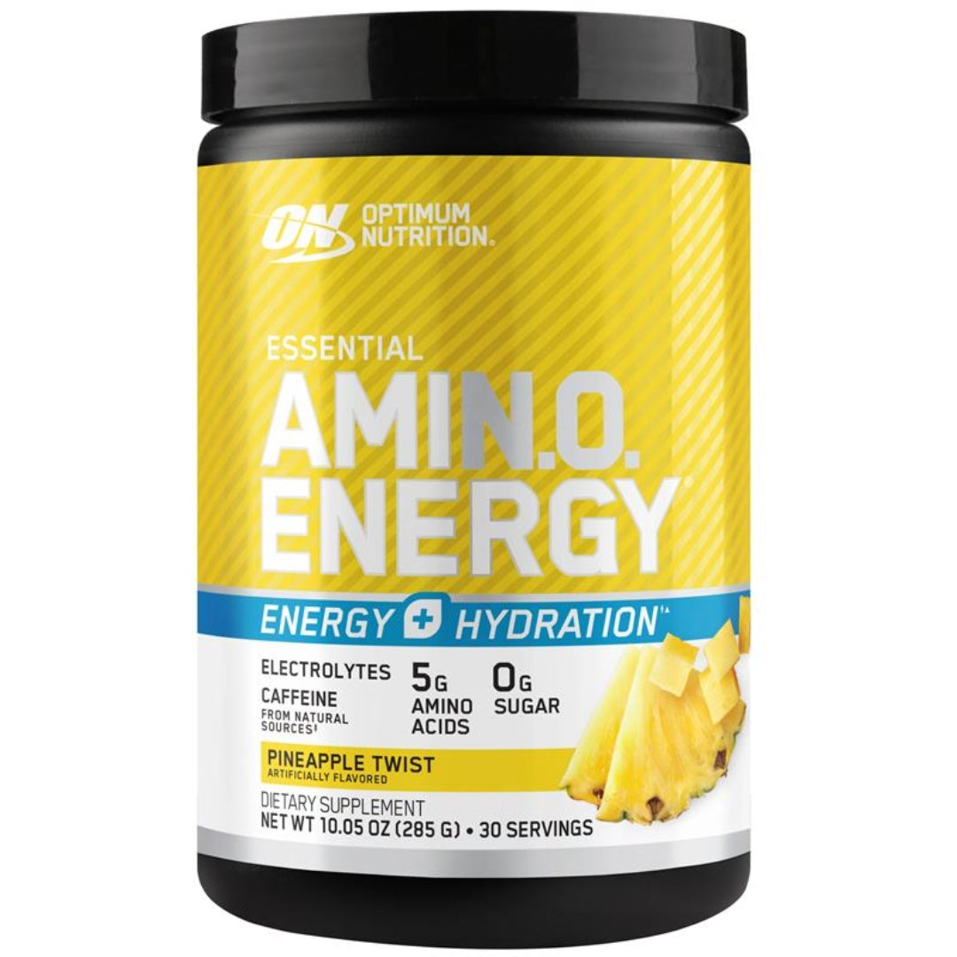 Optimum Nutrition Amino Energy supplement container with pineapple flavor on a white background