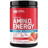 Optimum Nutrition Amino Energy supplement container with strawberry flavor on a white background
