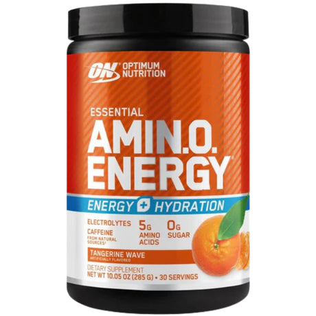 Optimum Nutrition Amin.O. Energy supplement container tangerine flavour on a white background