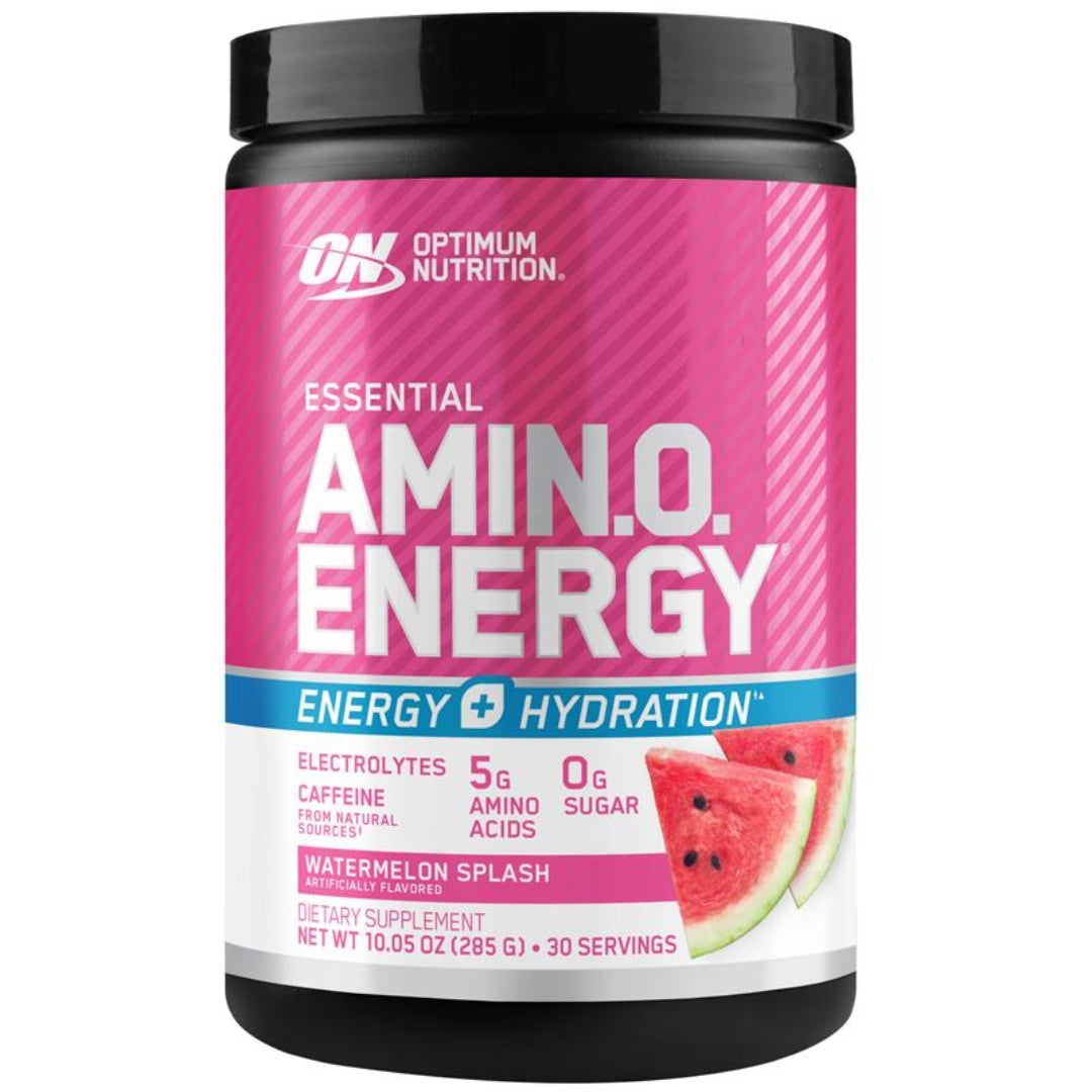 Optimum Nutrition Amino Energy supplement container with pink label and watermelon flavor indication.