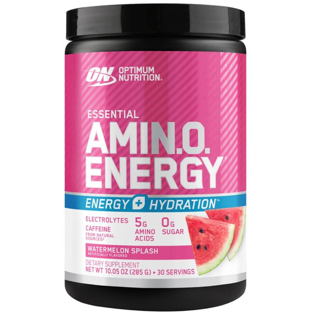 Optimum Nutrition Amino Energy supplement container with pink label and watermelon flavor indication.