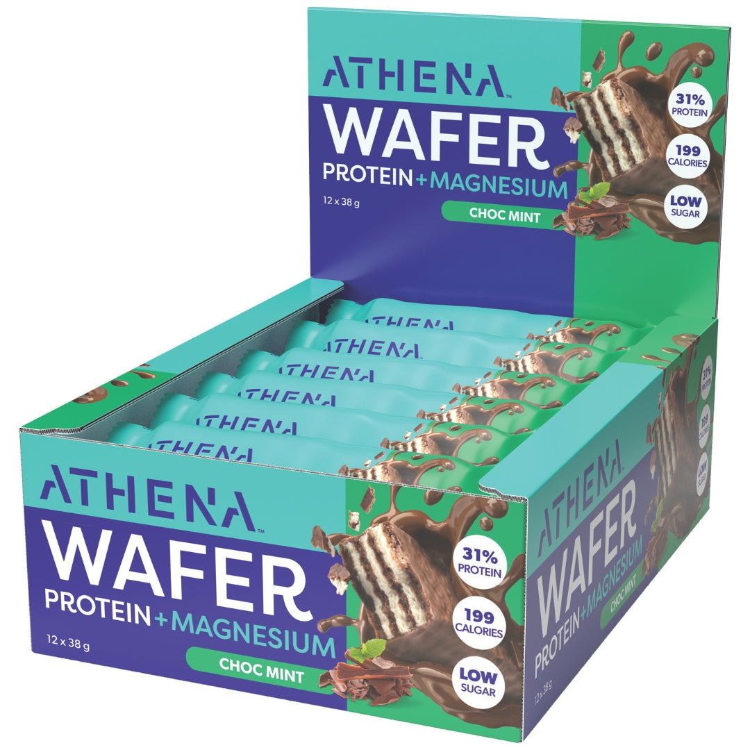 Box of Athena Wafer Protein + Magnesium Choc Mint flavor on a white background