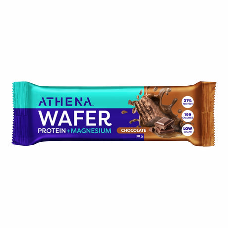 Chocolate wafer protein bar with Athena branding on a white background