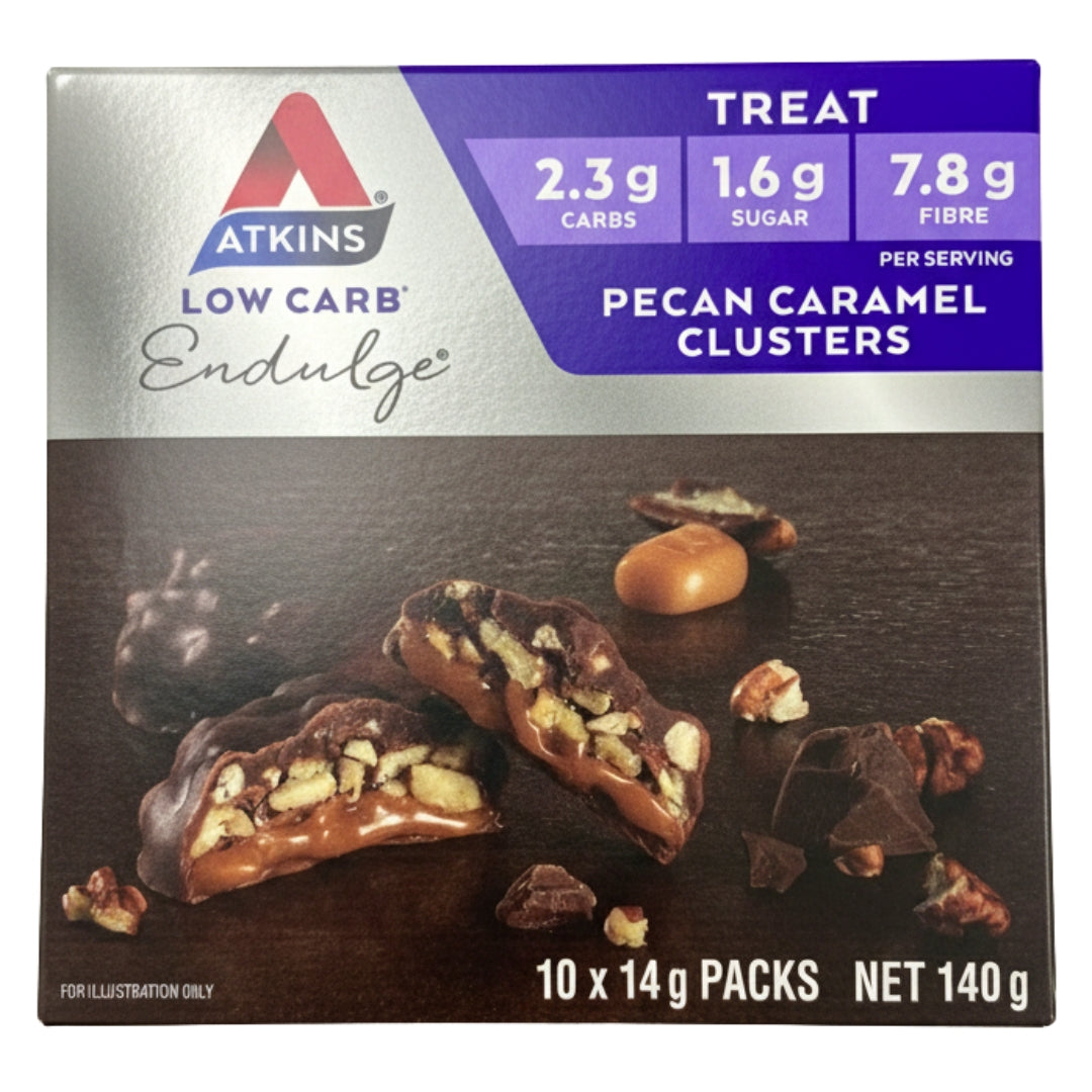 Box of Atkins Low Carb Endulge Pecan Caramel Clusters on a white background