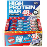 Box of BSc High Protein Bars with 48g protein, cookies & cream flavor on a white background