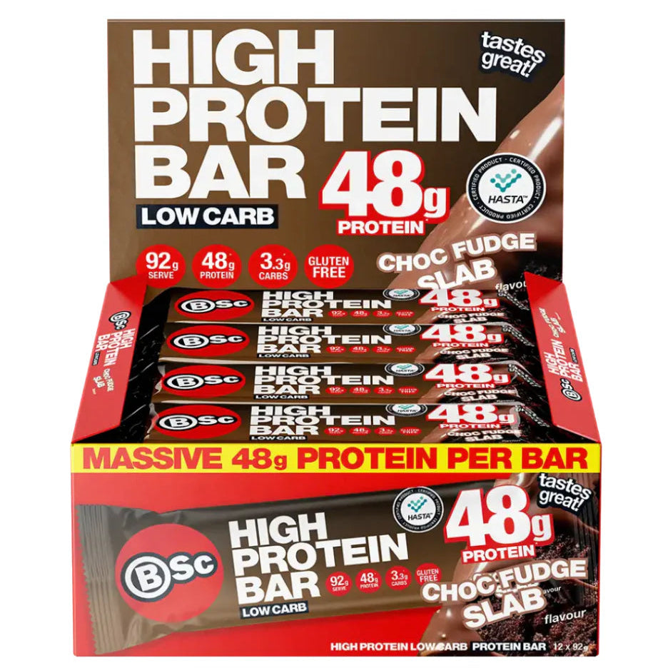 Box of BSc High Protein Bars with 48g protein on a white background