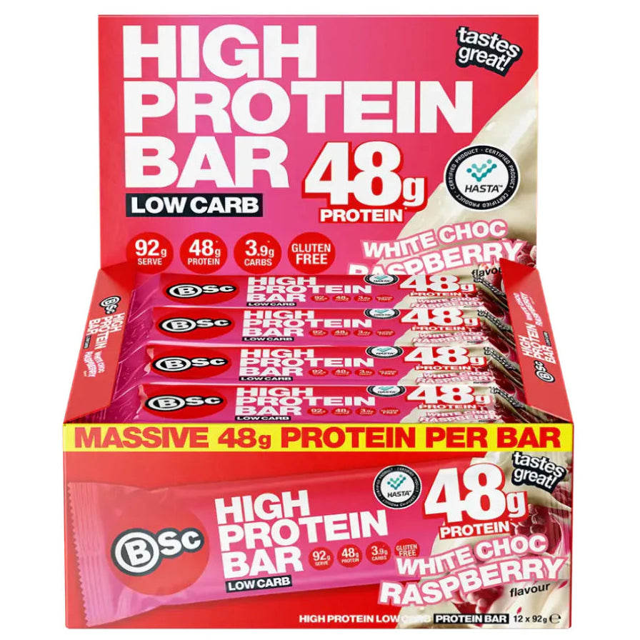 Packaging of Bsc High Protein Bars with white chocolate raspberry flavor on a white background