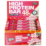 Packaging of Bsc High Protein Bars with white chocolate raspberry flavor on a white background