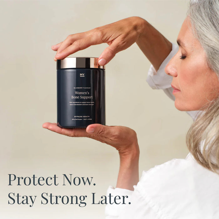 Woman holding a black container labeled 'Women's Bone Support' with text 'Protect Now. Stay Strong Later.'