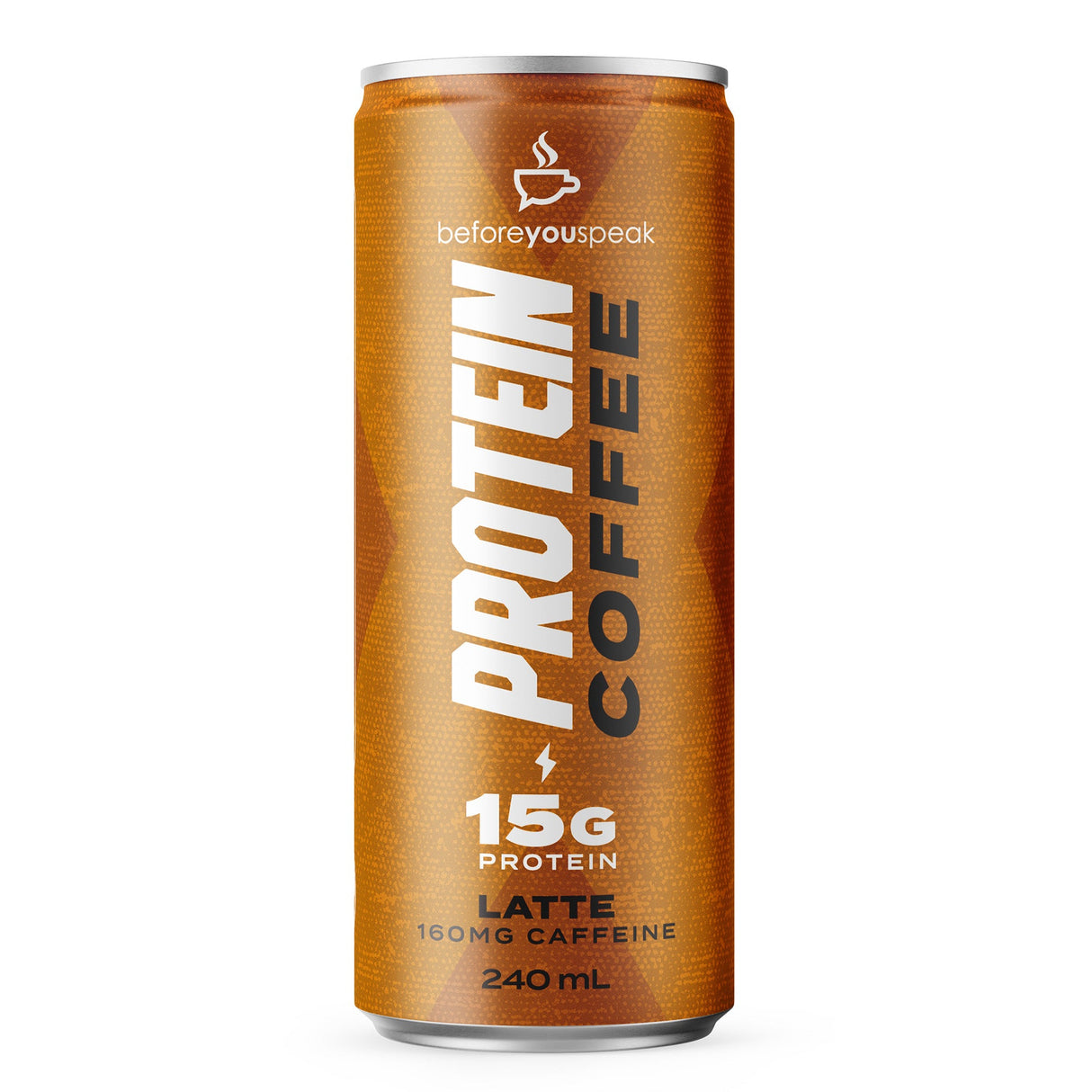 A single can of Before You Speak Protein Coffee in the Latte flavor, featuring a metallic bronze-brown design with white and black text, set against a plain white background.